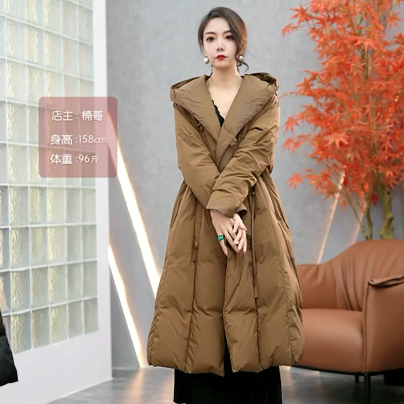 中长款羽绒服女冬款设计感宽松保暖白鸭绒外套连帽收腰气质韩版