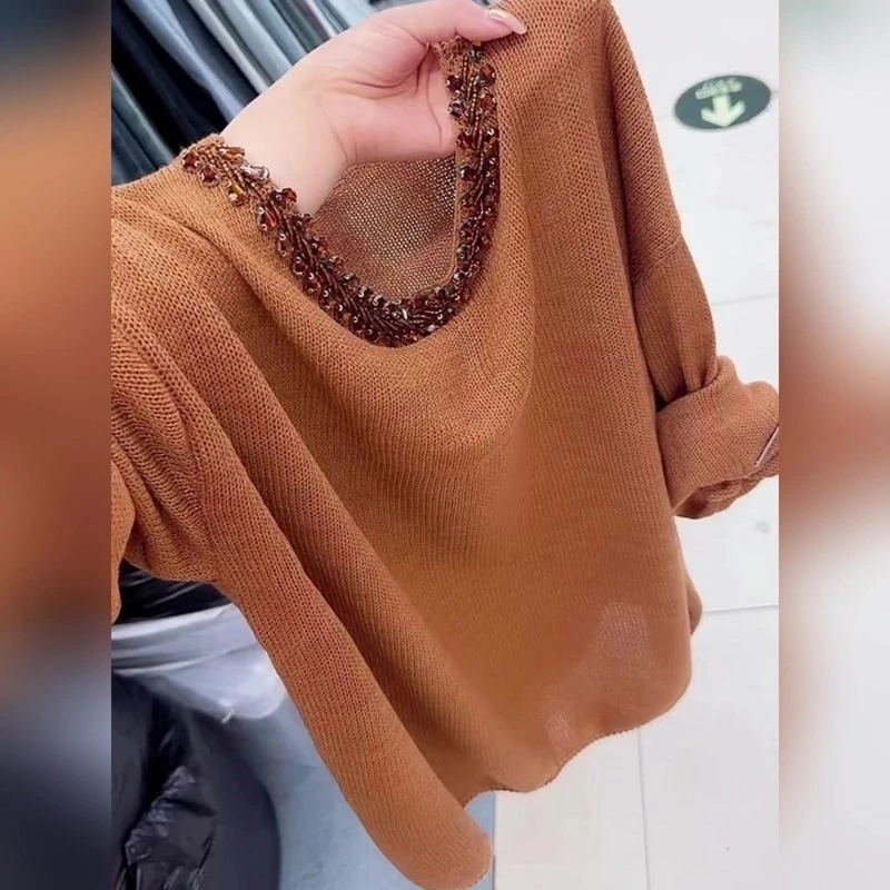 重工钻石镶边圆领减龄个性气质秋季穿搭浅棕针织衫百搭休闲长袖女