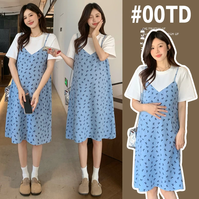 孕妇装小个子孕妇裙夏季外穿宽松大码拼接小清新减龄假两件连衣裙