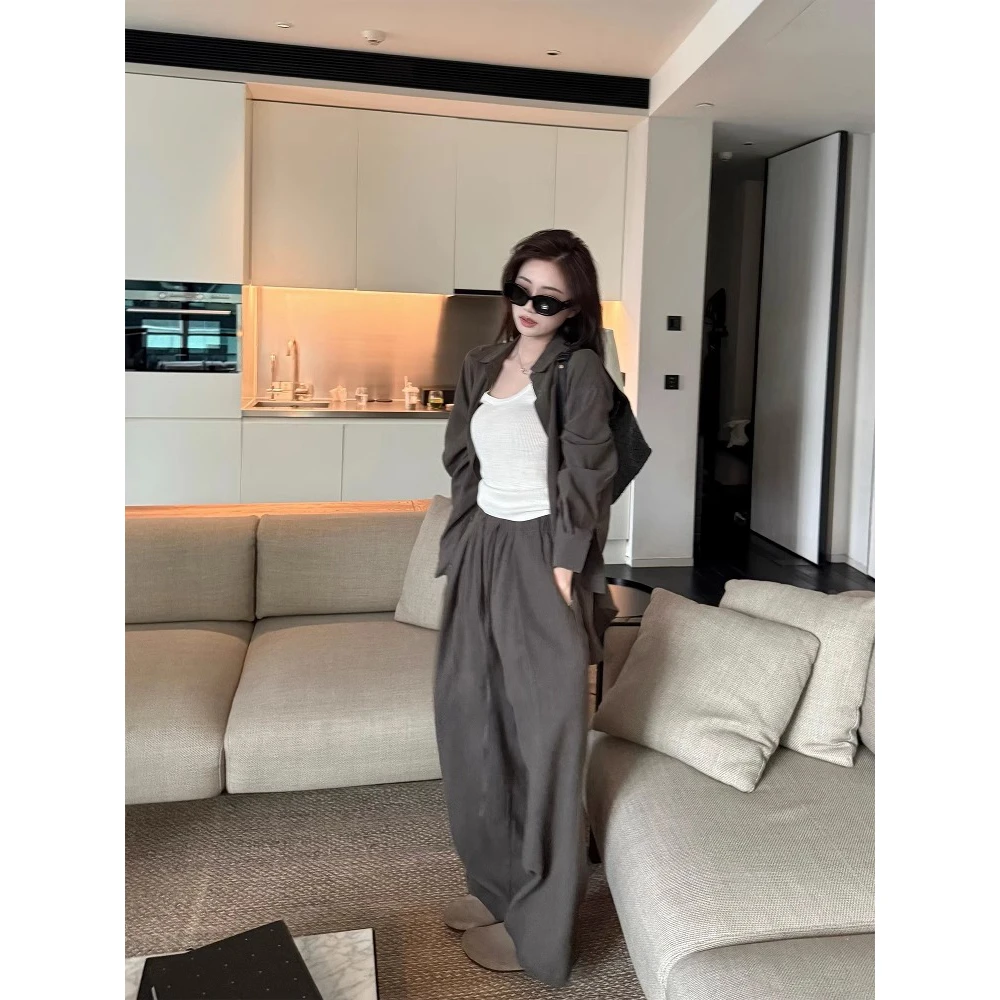 清雾&苎麻天丝套装 慵懒宽松显瘦开叉衬衫抽绳阔腿裤春夏2025新款