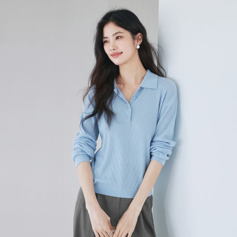 伊芙丽POLO领时尚百搭针织打底衫女2025春气质针织衫女1G2930601