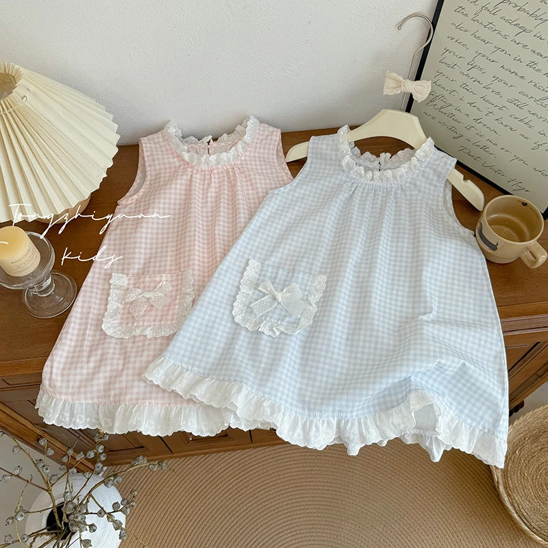 女童新款夏季时尚洋气两色格子蕾丝边连衣裙女宝宝休闲品质童装潮