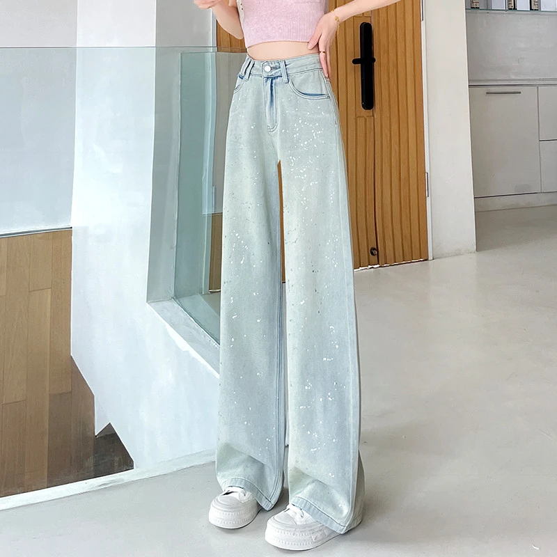 洒金阔腿裤女2025年夏季新款宽松梨型身材重工亮片牛仔直筒拖地裤