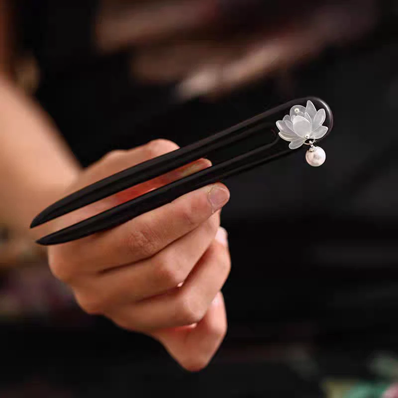 诗泊雅 13公分黑檀木双面打孔发簪女双面中式气质U型发钗头饰