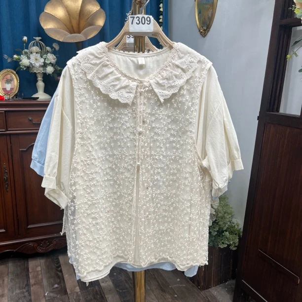 7300-7399号 仙女夏季新款森系重工时尚短袖衬衫搭配马甲两件套