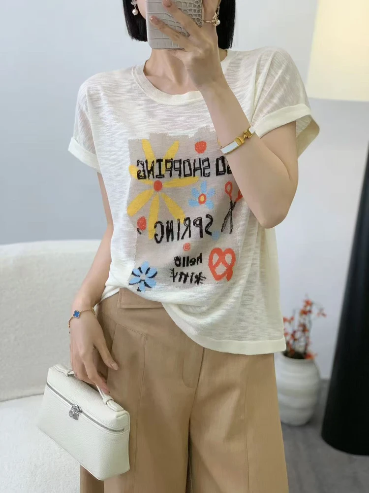 夏季新款宽松半袖立体提花竹节麻简约短袖韩版女款T恤圆领百搭