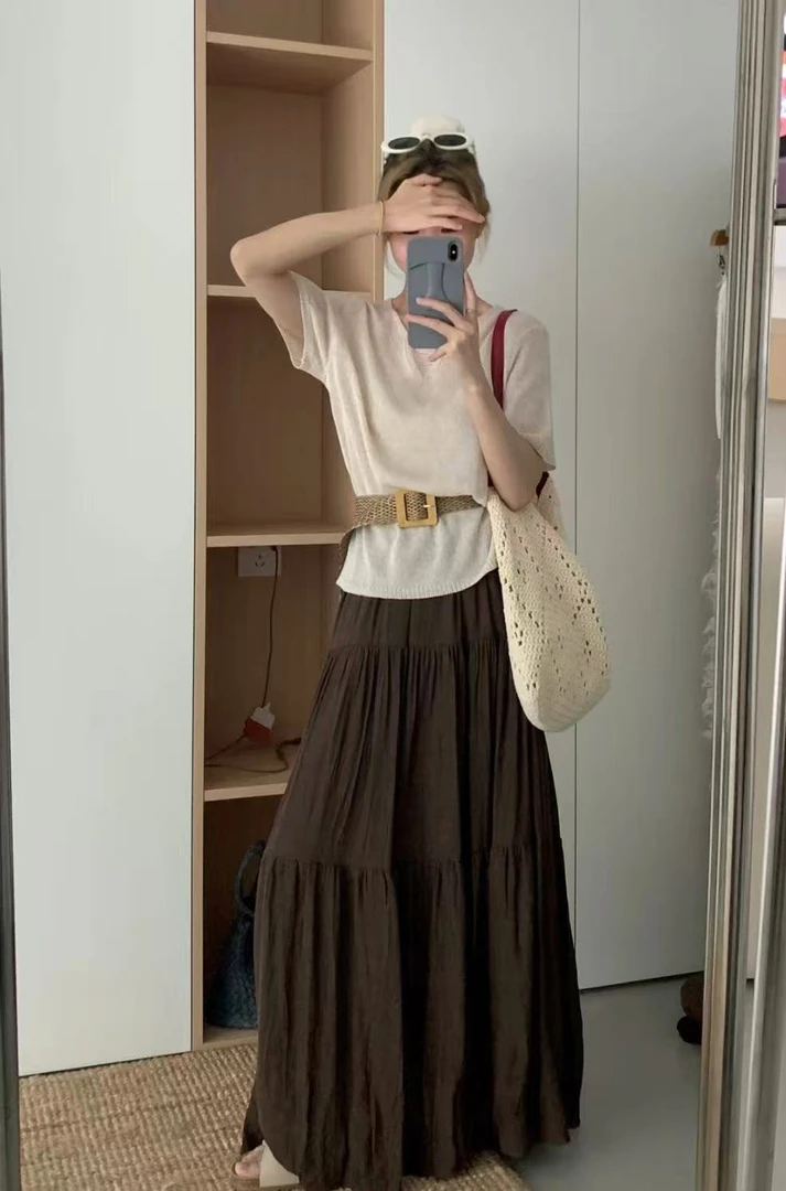 MAMIE【度假风三件套】夏季慵懒随性设计感上衣+伞裙半身裙配腰带