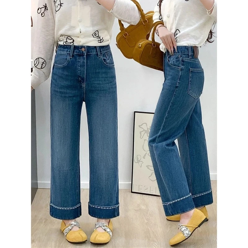 卷边直筒牛仔裤女款爆款2025秋款新款刺绣高腰宽松显瘦九分阔腿裤