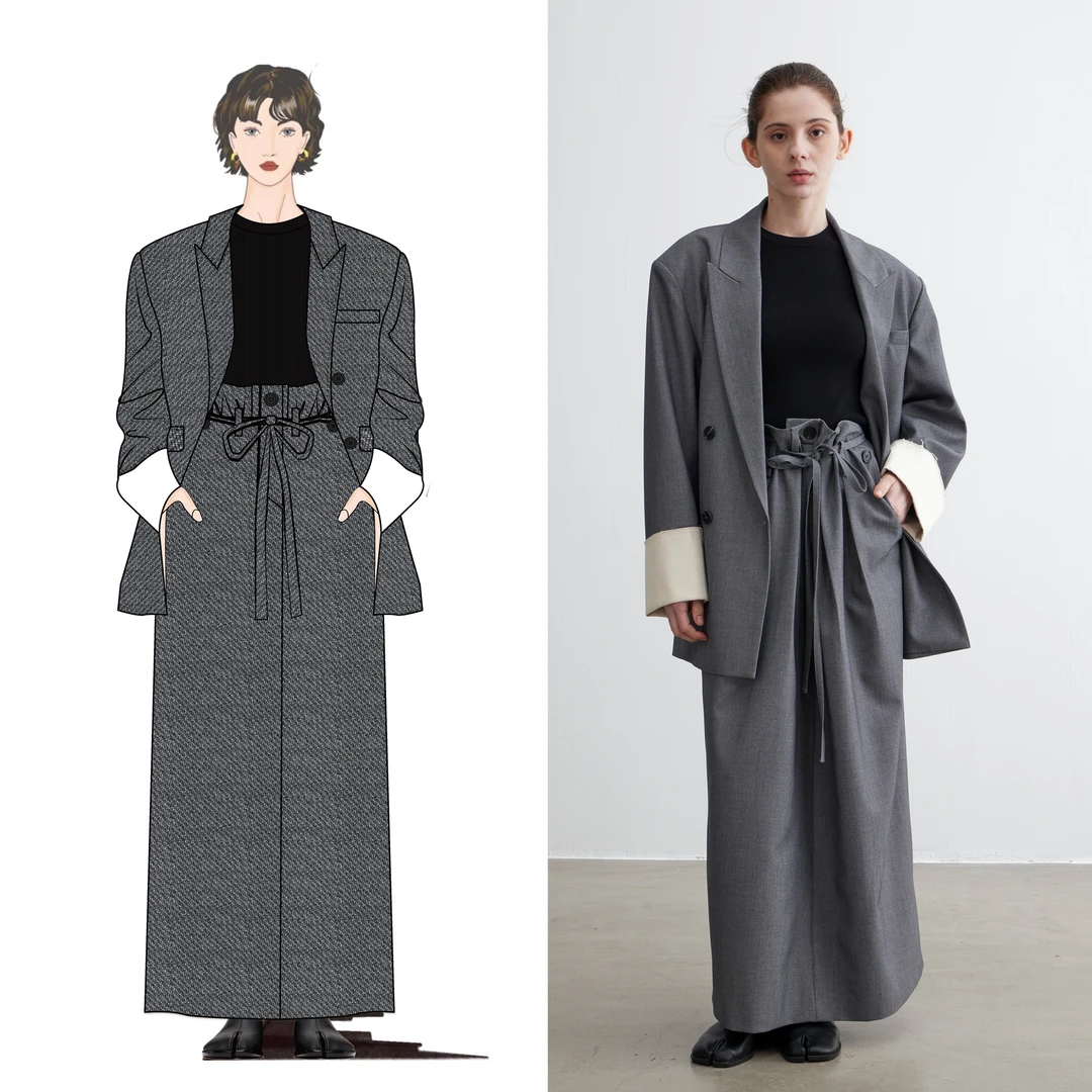 NOEND【曾梦雪 同款】斜纹撞色袖宽松廓形西装  可调节腰部花苞半裙