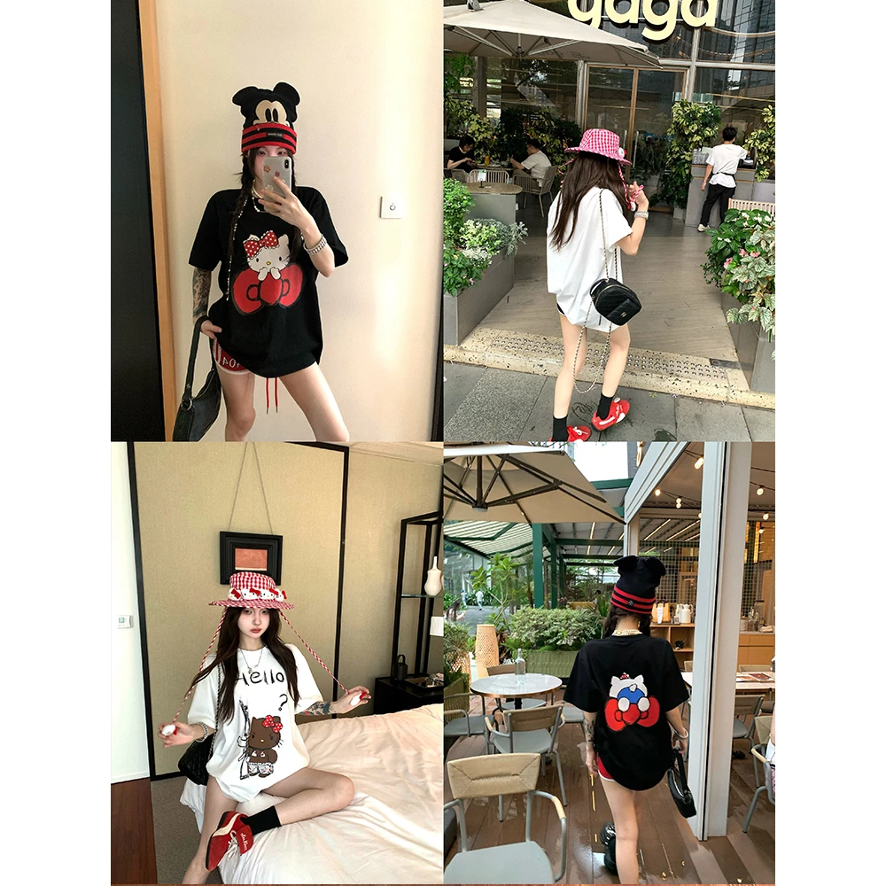 PRPN慵懒风美式卡通kitty印花短袖夏季圆领T恤纯棉宽松上衣#N766