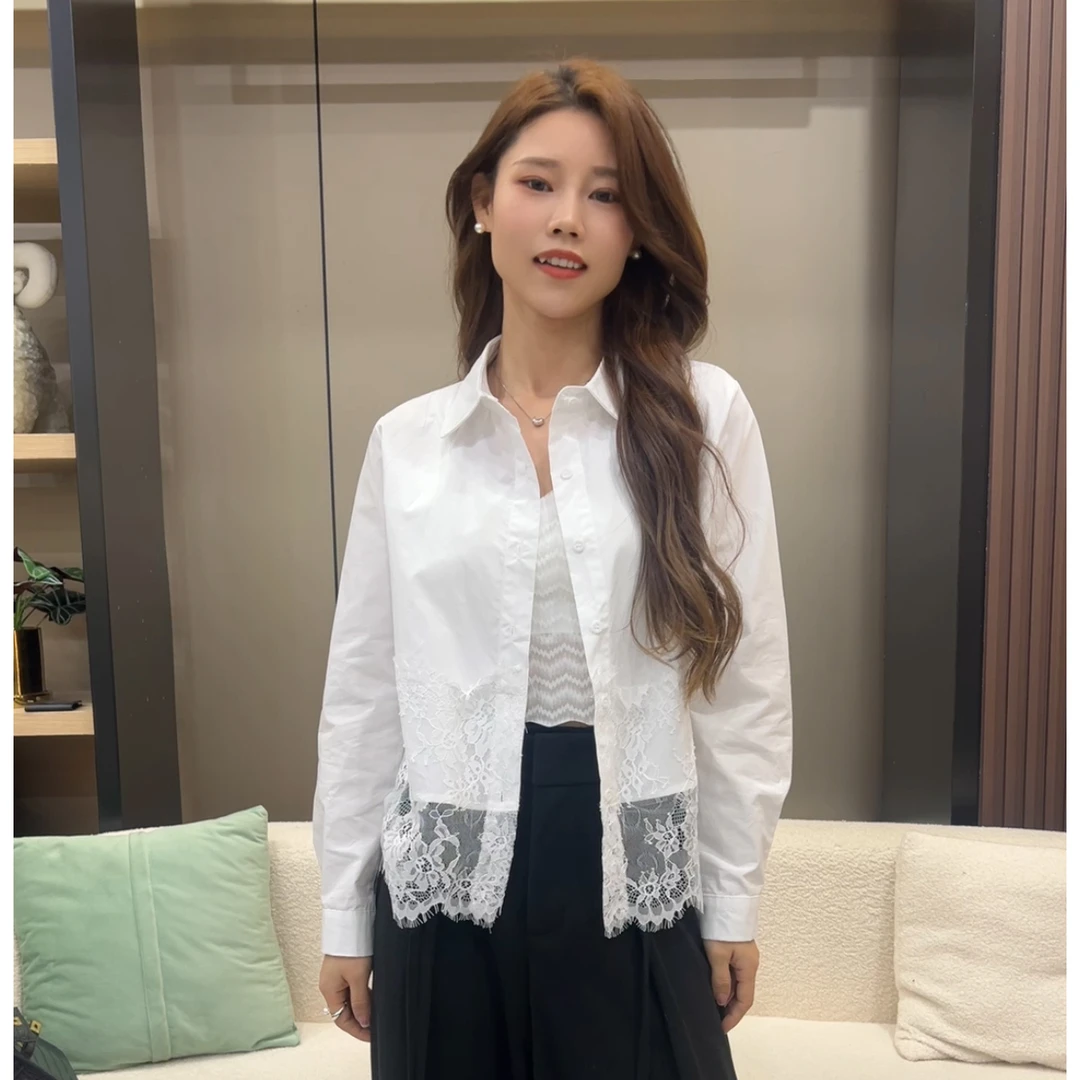 【NINI妮妮女装】百搭蕾丝白色衬衫拼接女气质短款衬衣女士长袖上衣