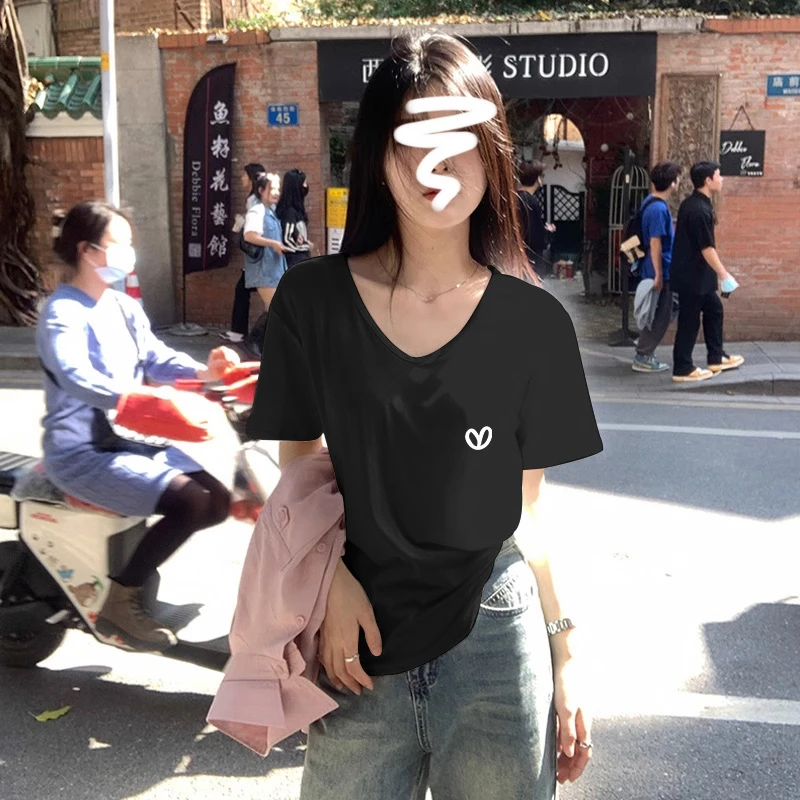 2025年新款正肩拉V领短袖t恤女时尚百搭宽松黑色上衣打底衫春夏季