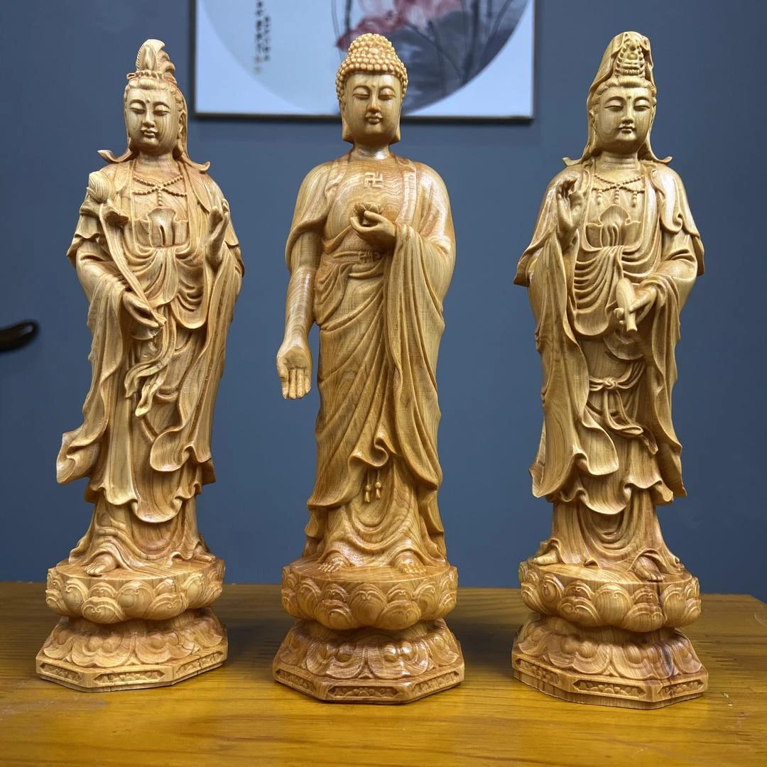 崖柏木雕西方三圣高20cm工艺品摆件创意根雕家居饰品中式客厅摆件
