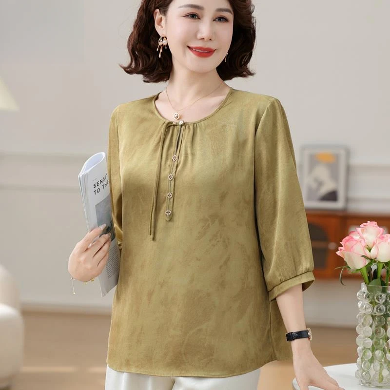 恒源祥彩羊2025妈妈新款夏季上衣洋气冰丝洋气薄小衫中老年人中式