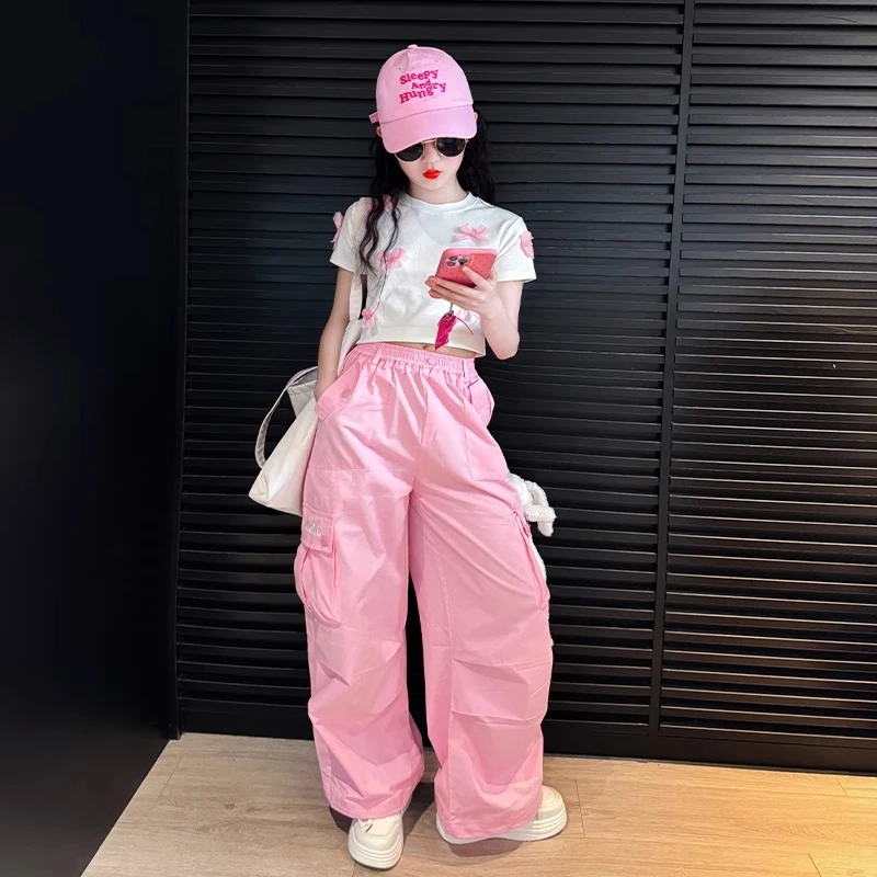 女童夏2025新款套装女大童网红炸街短袖儿童多巴胺风工装裤两件套