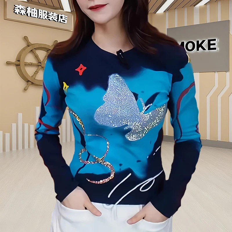 小众时尚印花长袖T恤女秋季新款休闲设计感时尚气质宽松德绒上衣