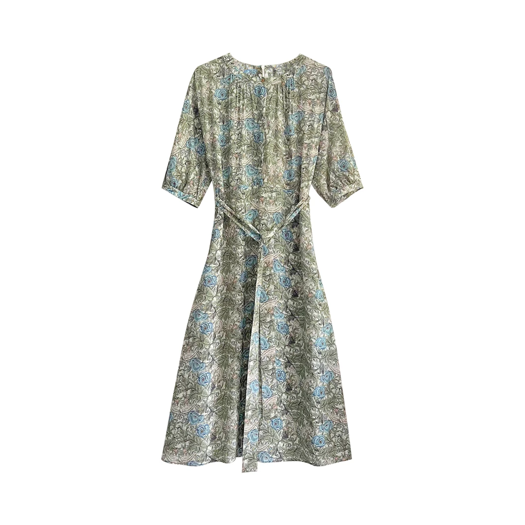 CLOTHING/墨含新款时尚潮流桑蚕丝植物印花A字连衣裙AMF33