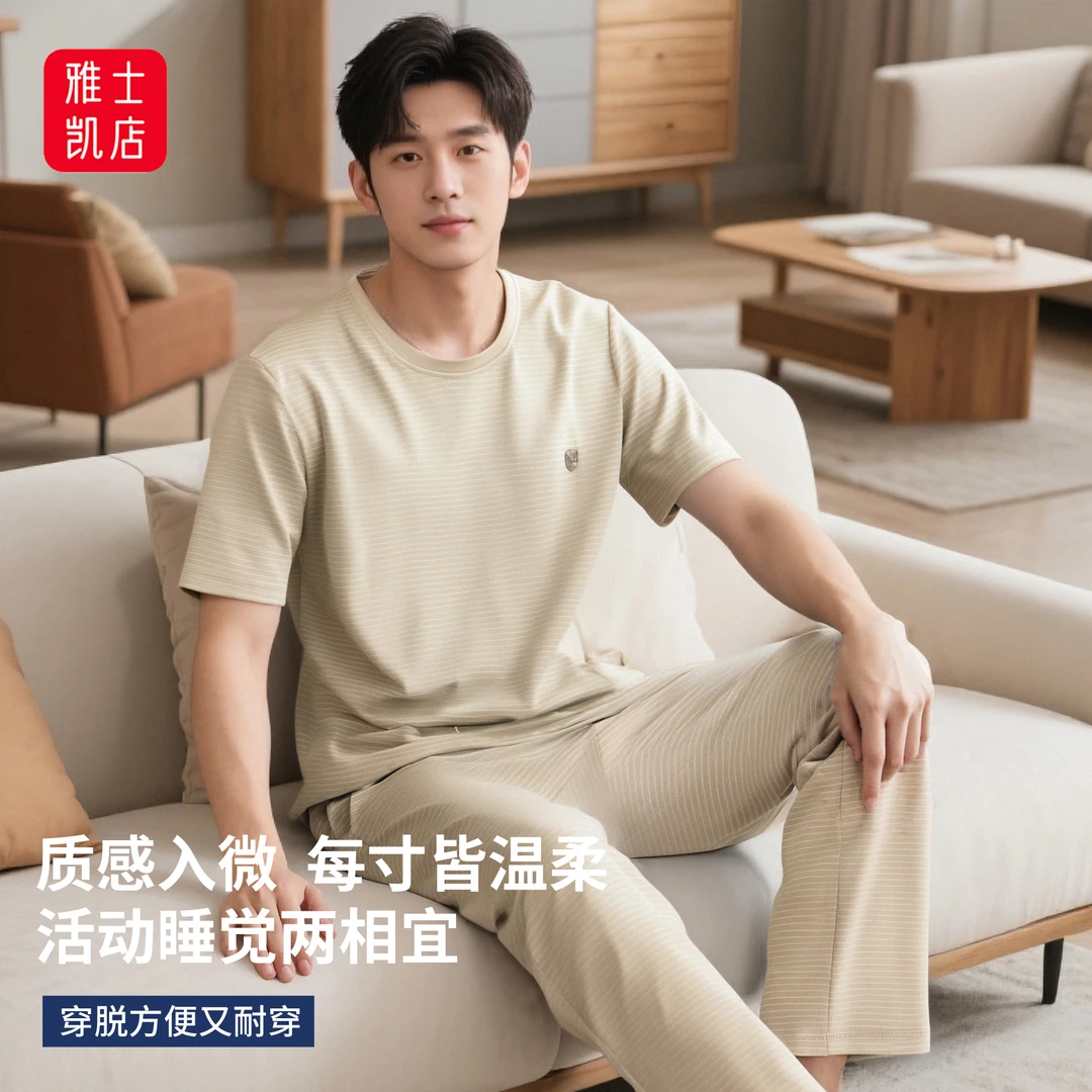 彩棉无染色男女款家居服套装7A抗菌休闲舒适透气薄款圆领短袖睡衣