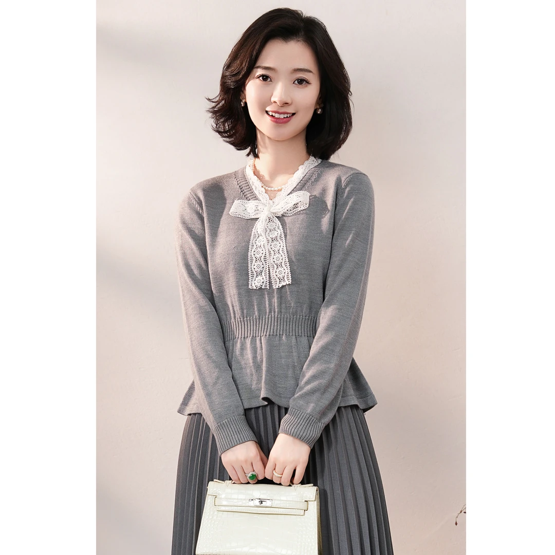 西子/【青葱岁月】羊毛混纺蕾丝V领波浪边蝴蝶结针织毛衫/MSBH599
