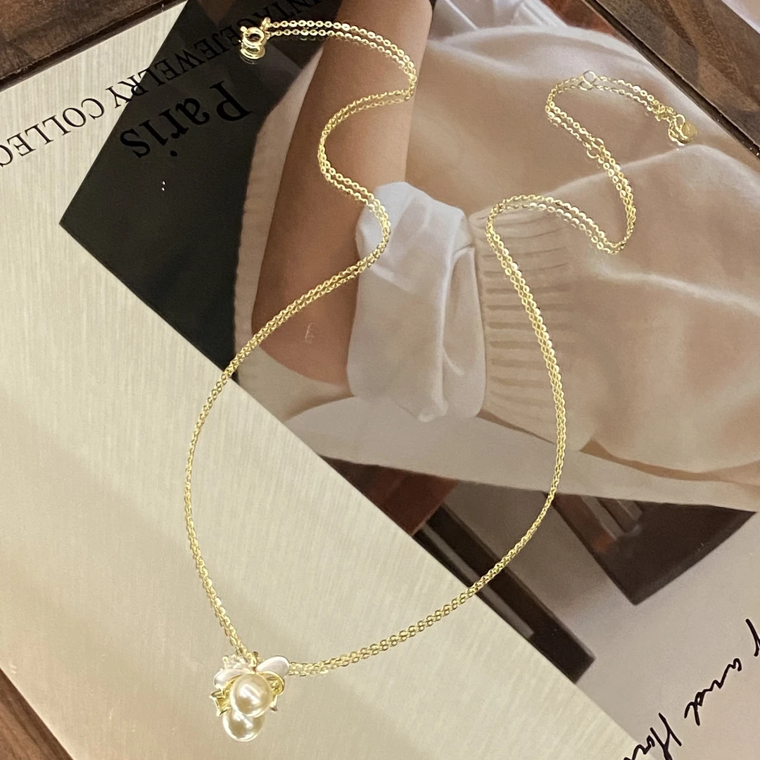 坠链均925银 镀K金（T）蝴蝶结珠珠 水滴小巧精致项链X7963