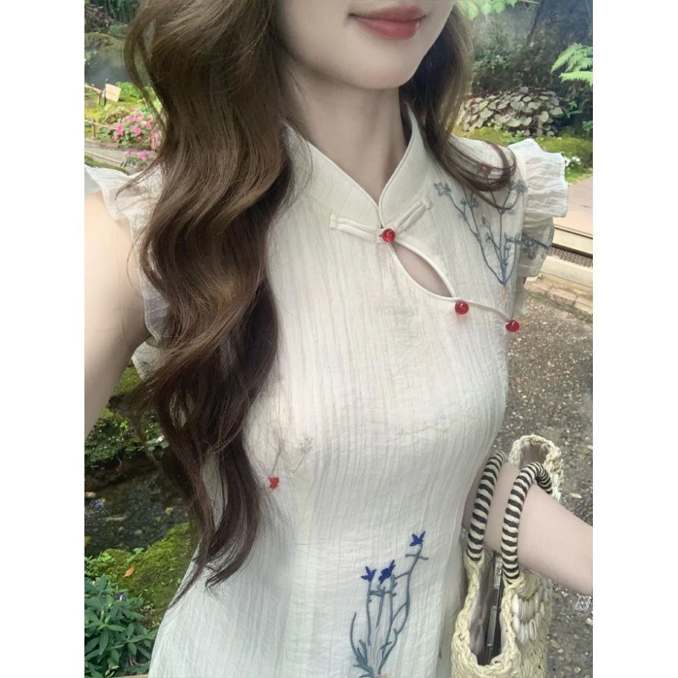 【时春令】新中式国风气质复古绣花连衣裙女春夏新款显瘦修身长裙