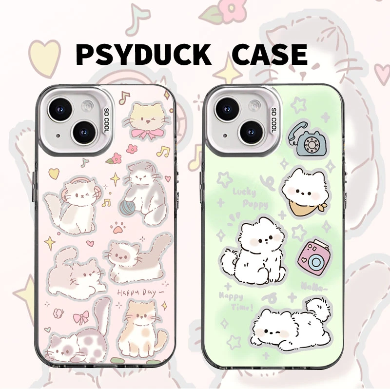 适用苹果华为一加iQOO小米镂空绿相机小猫彩银白底创意防摔手机壳