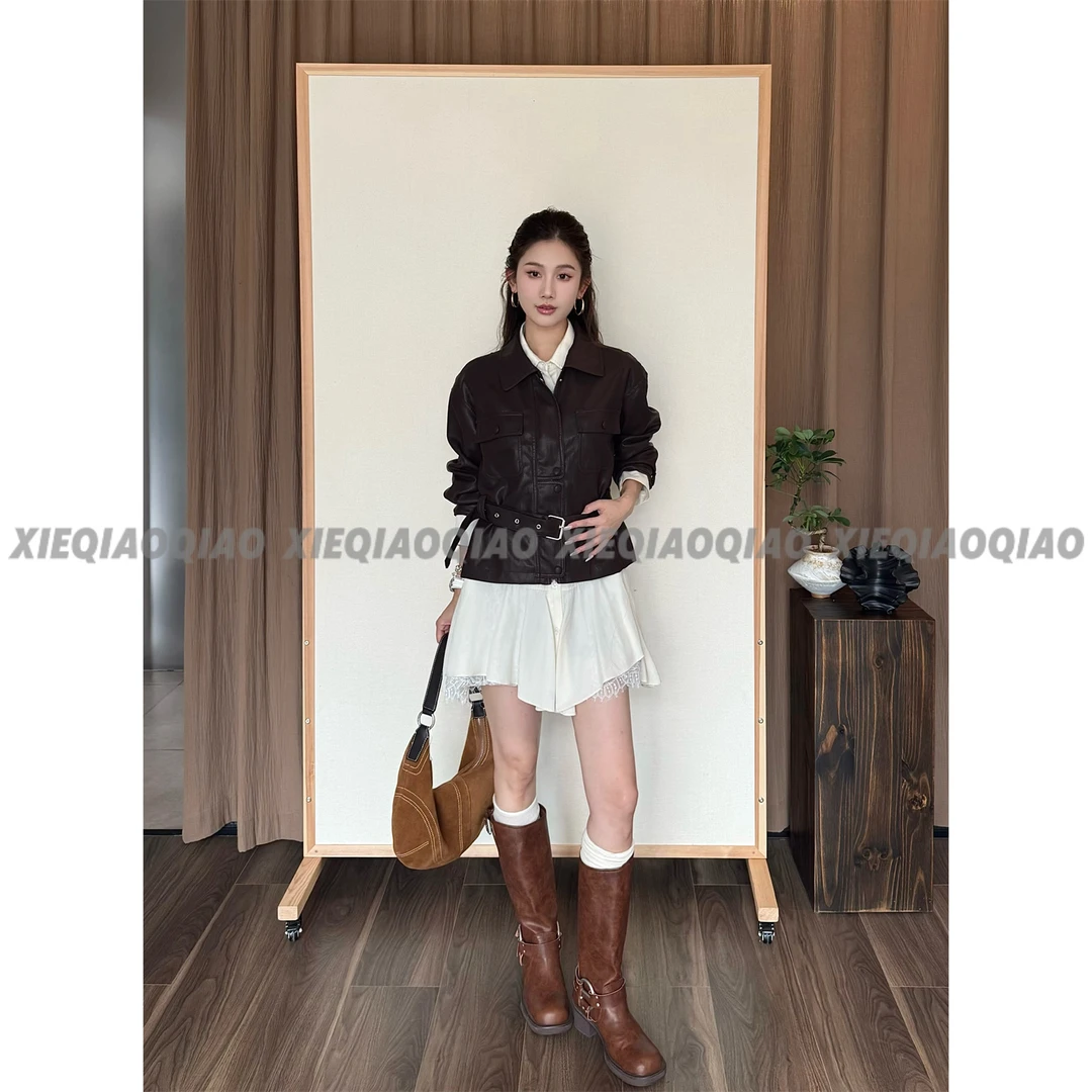 谢荞荞「西野暮色」早秋新款复古港风束腰显瘦翻领长袖夹克皮衣外套