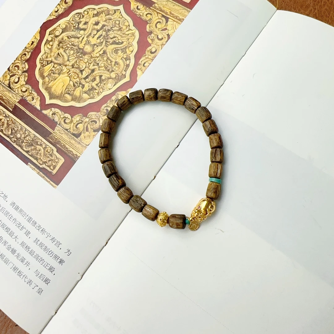沉香沉香【树心油】奇楠沉香桶珠貔貅单圈手串 三 XK20254