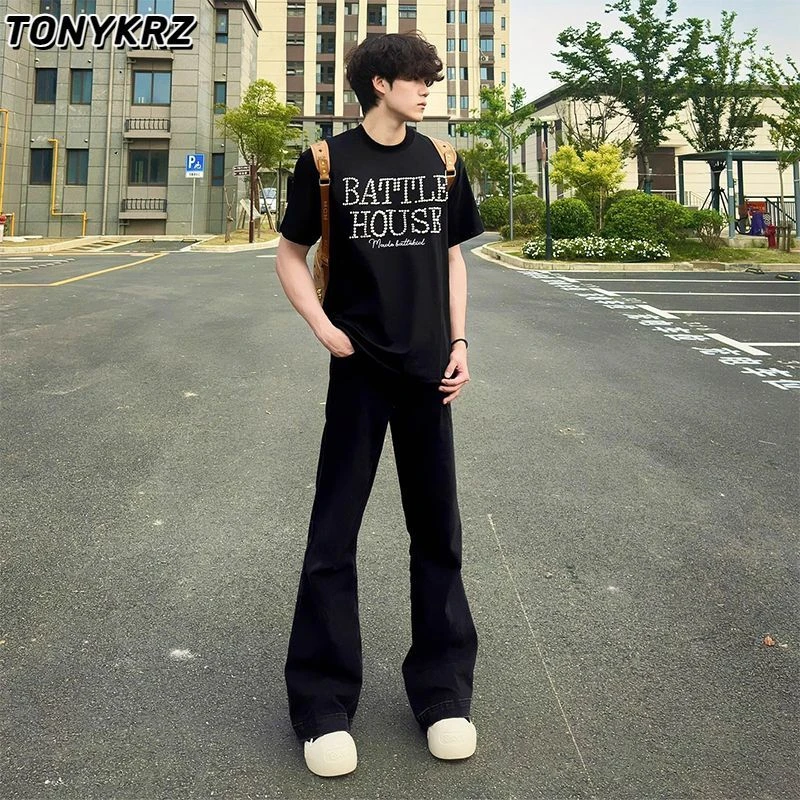 TONYKRZ黑色牛仔裤男夏季美式高街帅气显高显瘦休闲直筒微喇裤ins