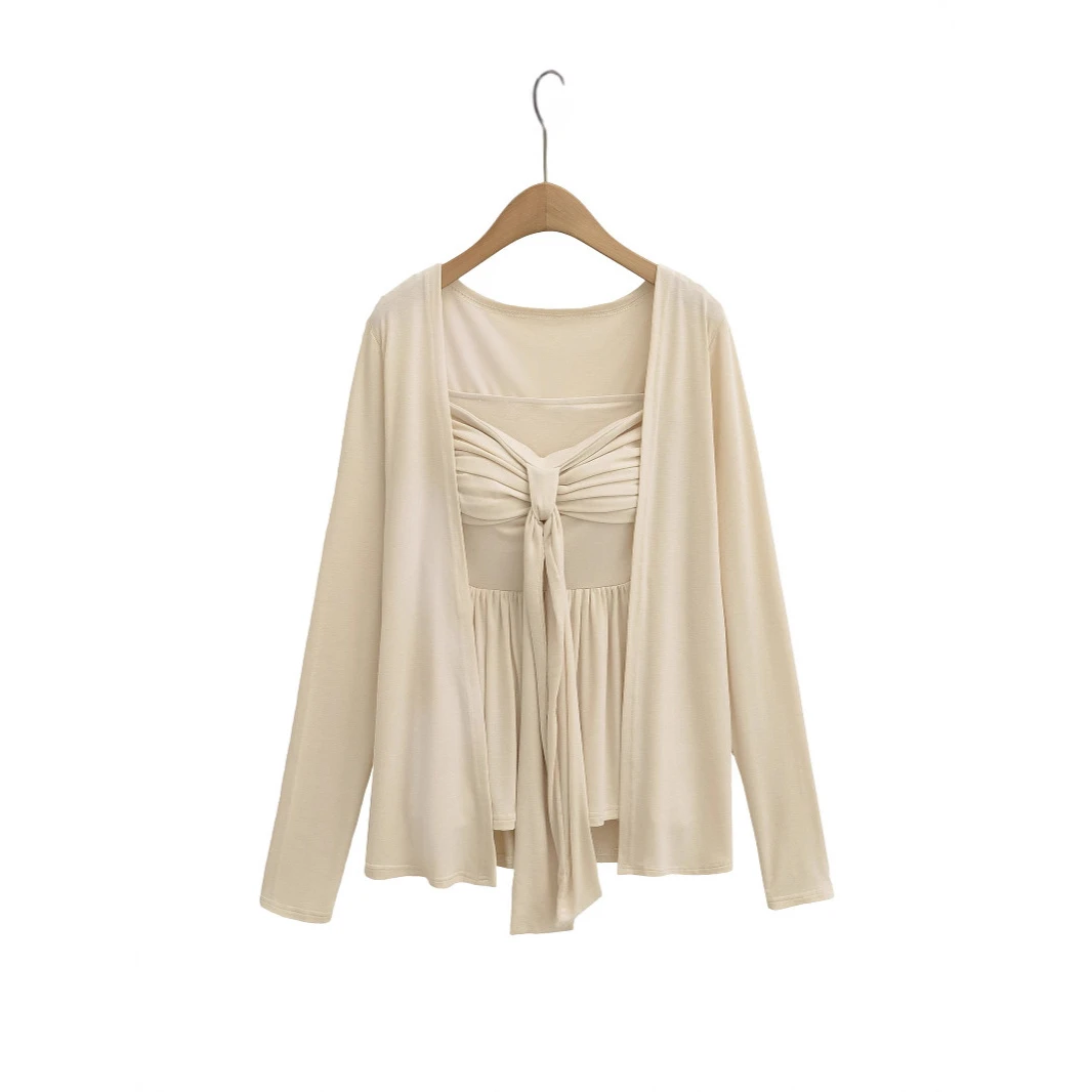 含欲低胸褶皱系带无袖抹胸背心+外搭叠层长袖开衫T恤上衣两件套女