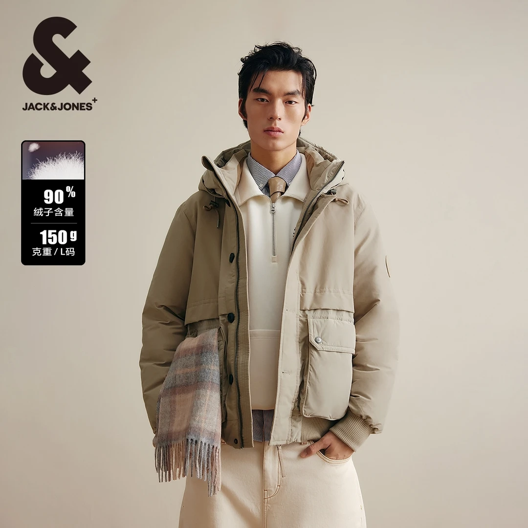 杰克琼斯男装厚外套WOOLRICH联名款新款贴布宽松抽绳连帽羽绒服男