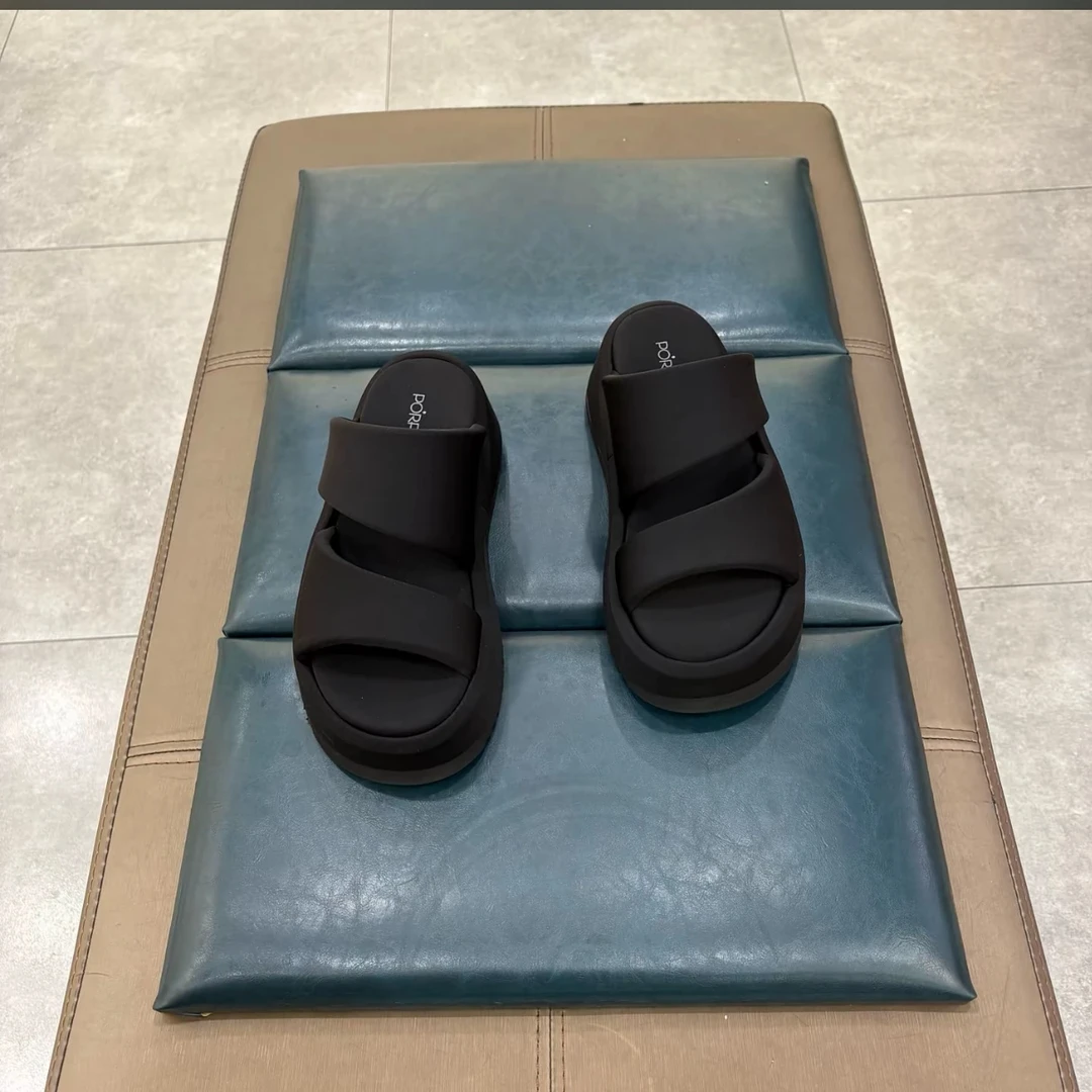 d0487波斐夏季新款休闲女鞋时尚舒适百搭莱卡布露趾厚底一字拖鞋