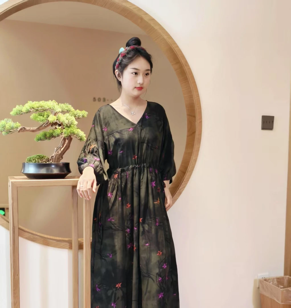 棉绸连衣裙V领显瘦睡裙2025爆款新款女士夏季高档后背水滴裙