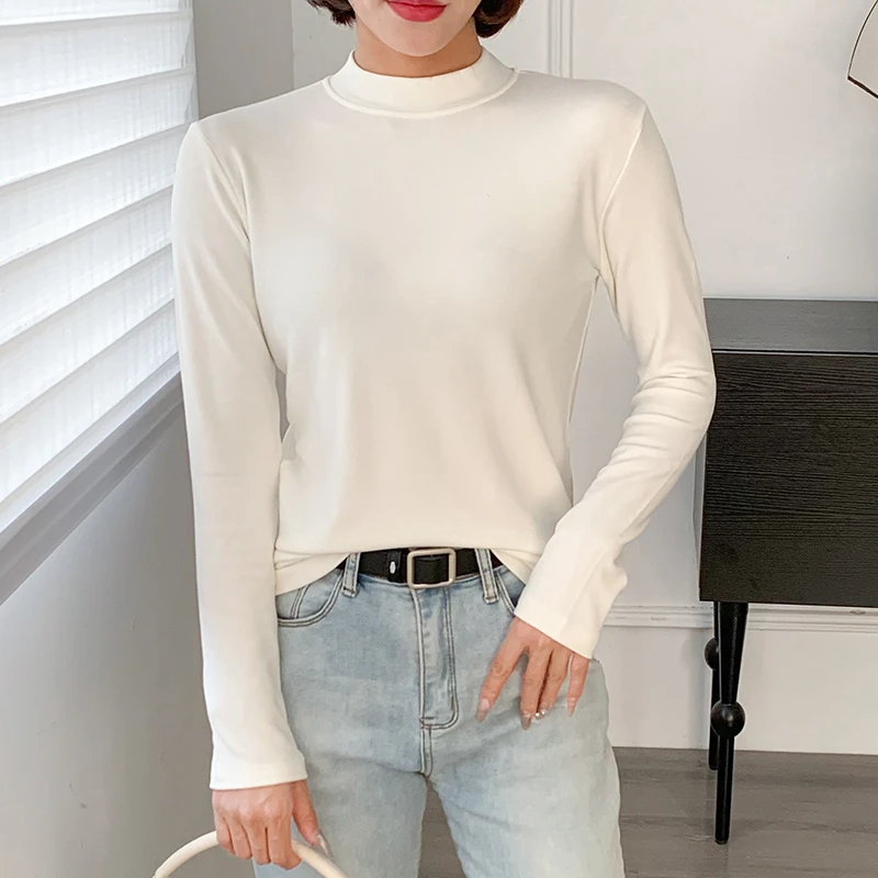 春秋2025年新款螺纹半高领打底衫女白色内搭薄款上衣黑色秋冬长袖