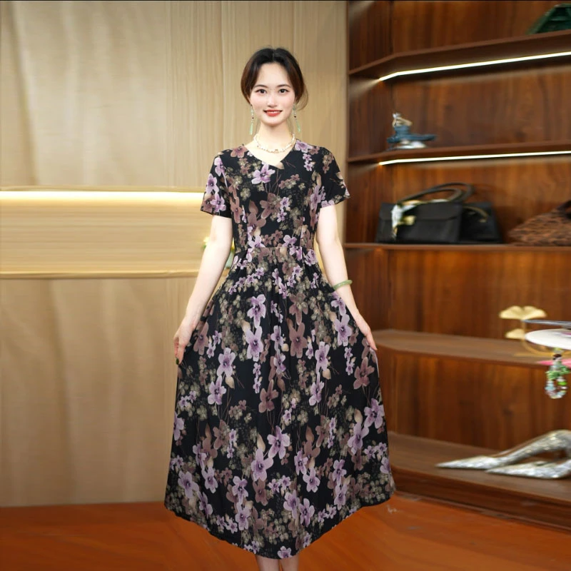 A-263夏季妈妈2025新款中老年弹力碎花短袖中长裙气质显瘦连衣裙
