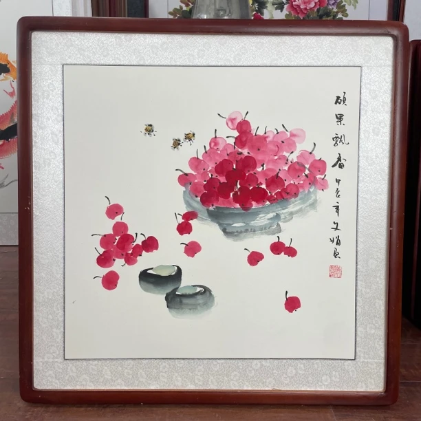 【手绘国画】带框发货硕果累累樱桃斗方餐厅客厅走廊玄关卧室挂画