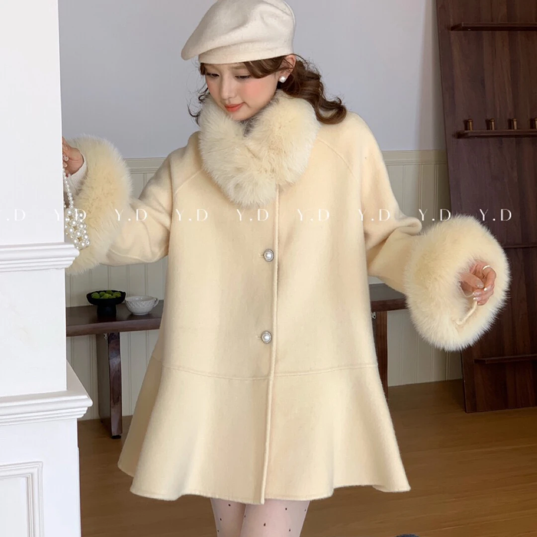 秋冬新款中长款宽松显瘦双面呢大衣带领围脖