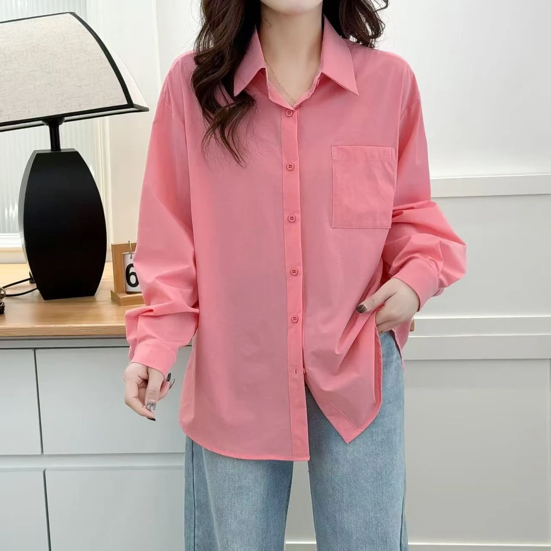 春秋新款垂感气质休闲翻领口袋衬衫百搭宽松长袖衬衣长袖衬衫女