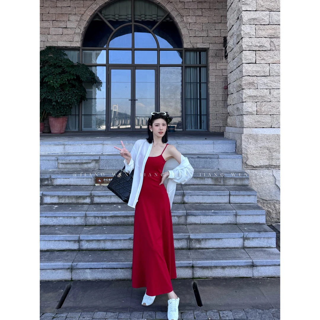 【佩里斯】“自带胸垫”新疆长绒棉针织吊带修身气质长裙