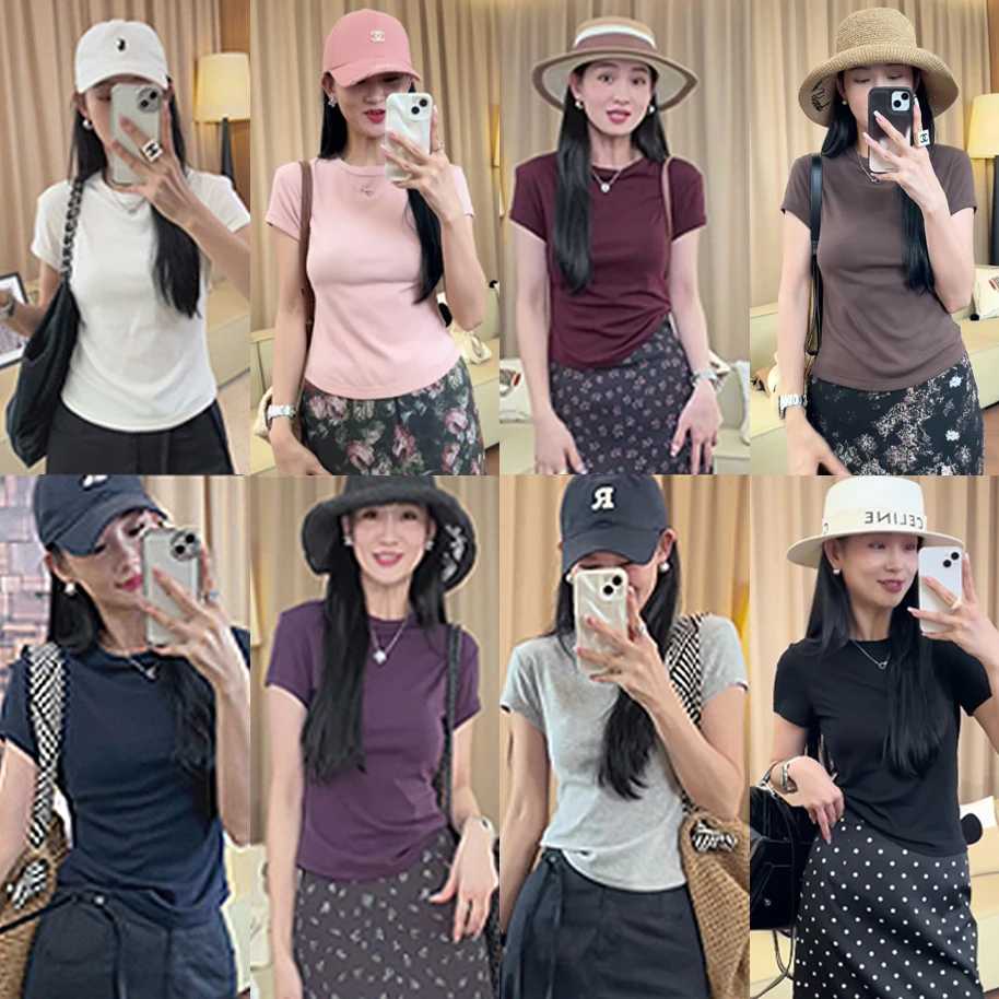 【一比Eby】“小蛮腰”莱赛尔棉短袖纯色修身百搭弧形T恤上衣241154#