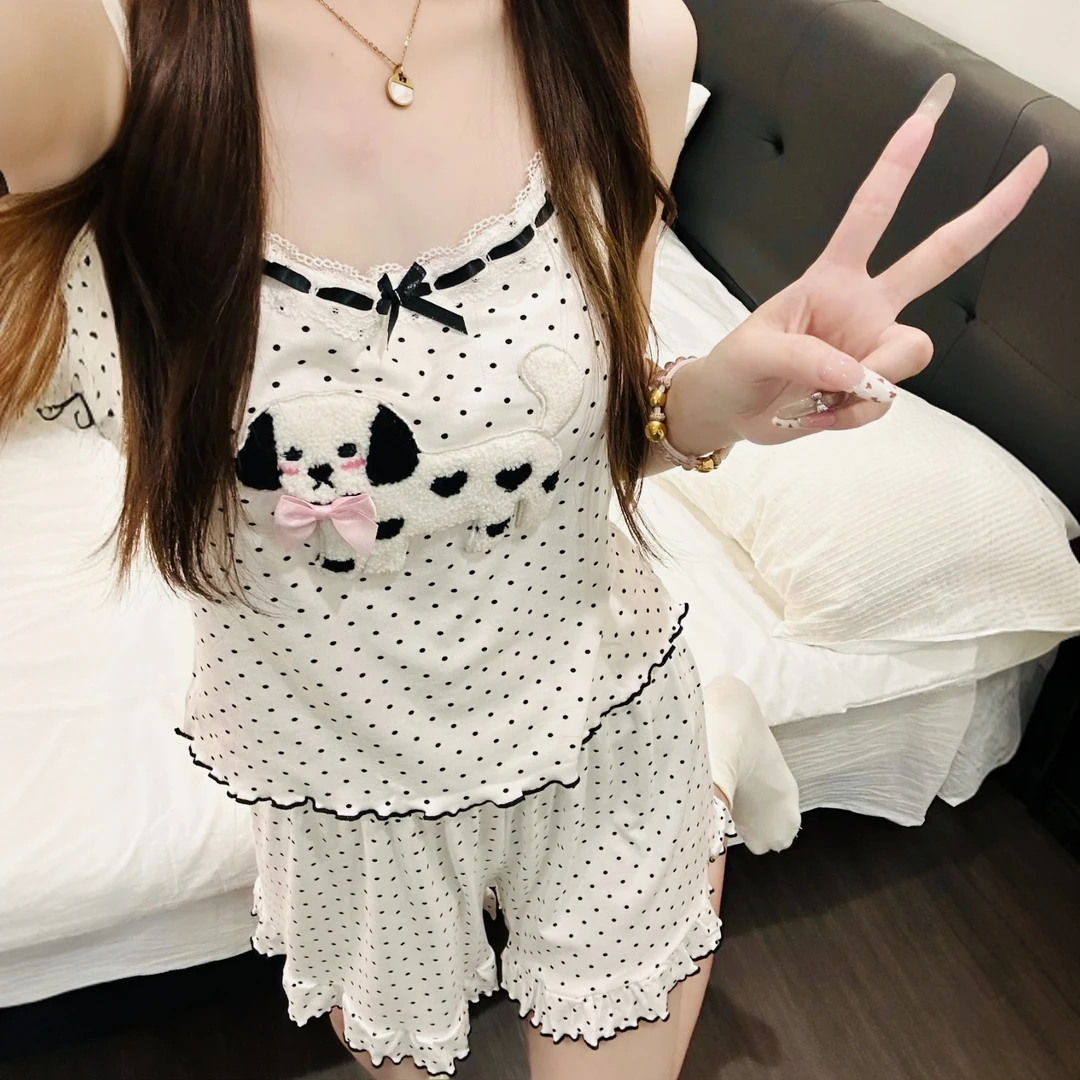 纯欲风睡衣女夏季薄款短袖短裤性感卡通小狗家居服套装Q327