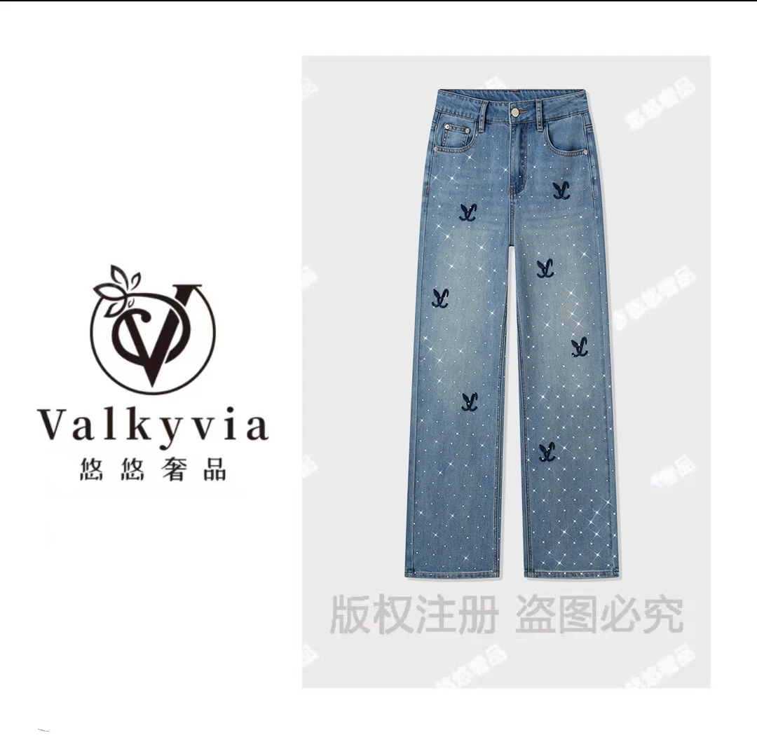 【Valkyvia/悠悠奢品】莱赛尔天丝直筒牛仔裤女重工烫钻高腰垂感裤