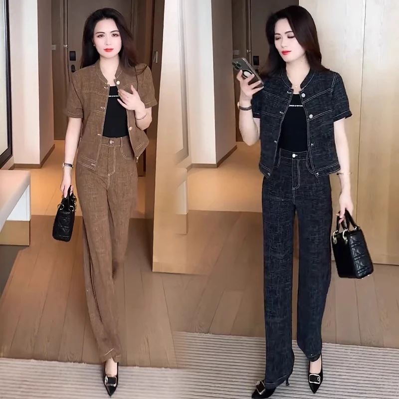 时尚套装女2025春夏新款洋气减龄显瘦短袖上衣高腰阔腿裤两件套潮