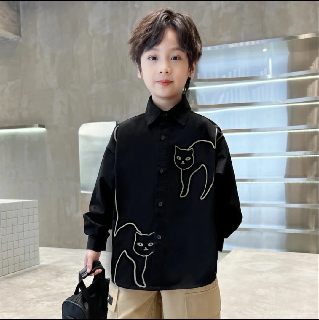 男童儿童春秋款纯棉外套猫咪印花衬衫长袖中大童外穿休闲