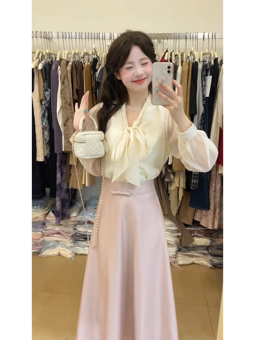 2025秋季新款通勤轻熟风穿搭气质衬衫上衣高腰粉色半身裙两件套女