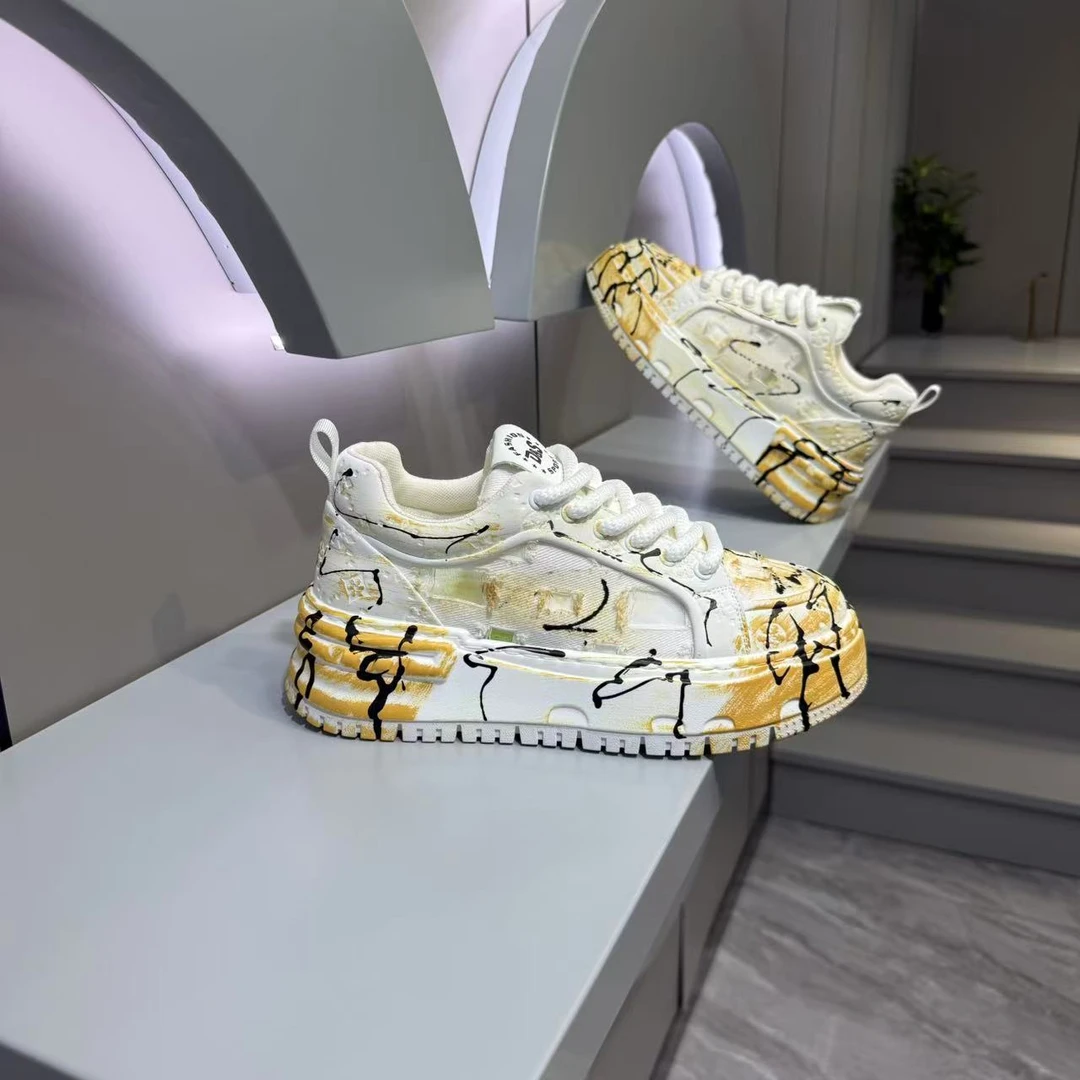 cds323【皮鞋码】2025春夏新款皮布拼接撞色系带厚底男款休闲鞋