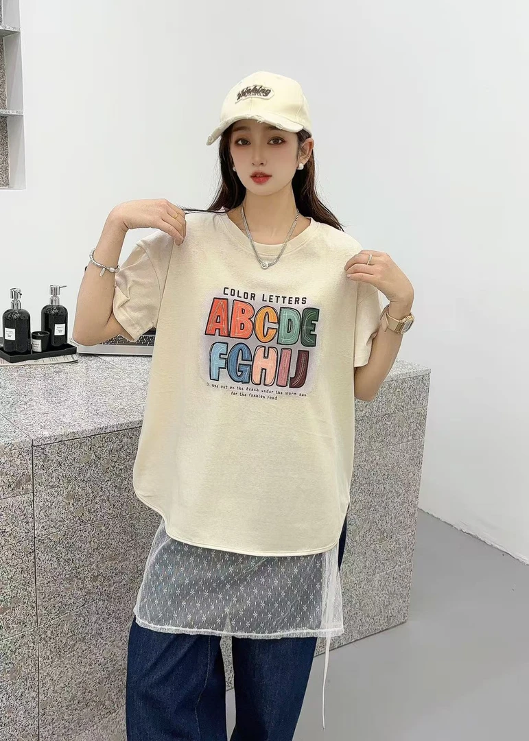 范范家【雪花棉】韩系大版彩虹字母弧下摆短袖T恤6208-3