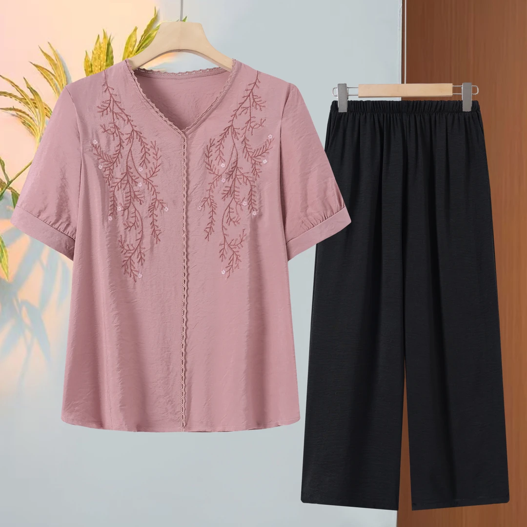 时尚刺绣妈妈装盘扣复古套头显瘦夏季国风气质文艺绣花上衣套装