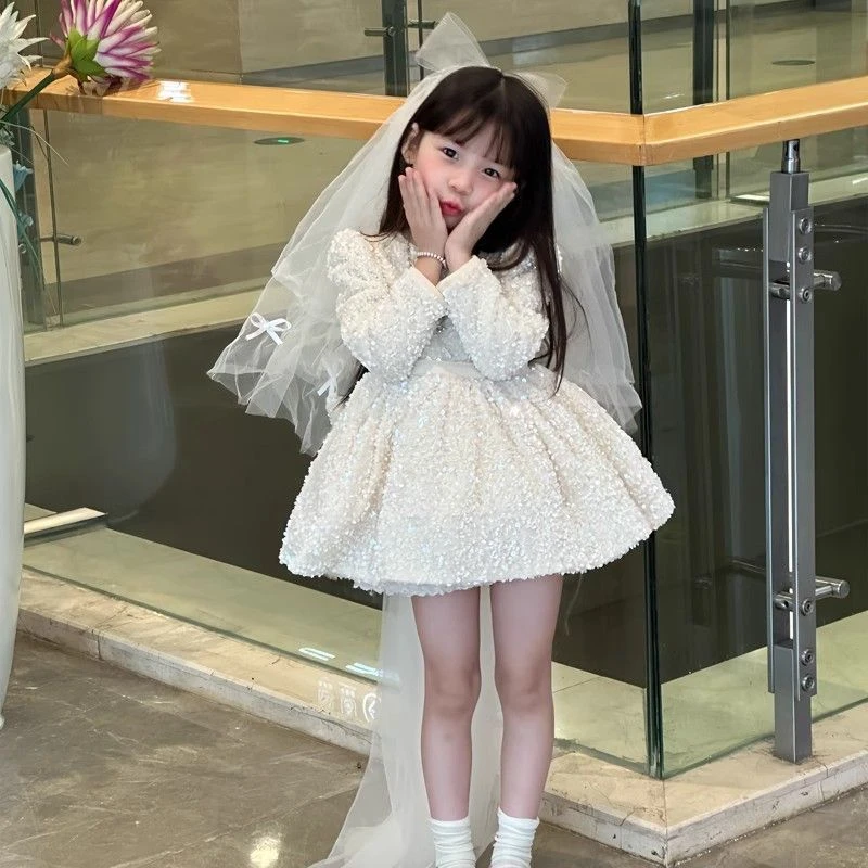 女童爆闪亮片连衣裙拜年生日女孩拖尾洛丽塔公主裙表演女宝礼服美
