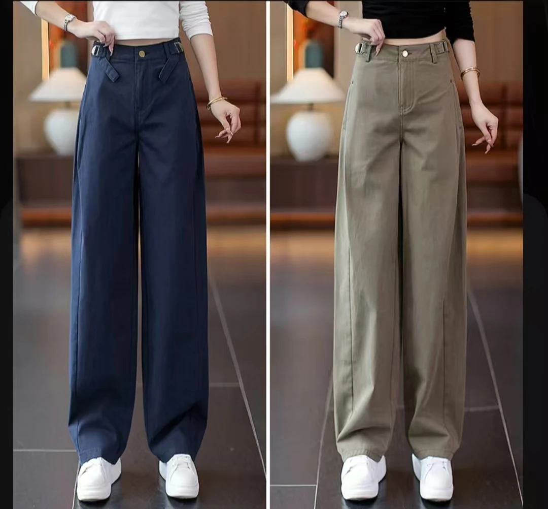 休闲工装裤女2025春秋新款遮肉显瘦高腰军绿色阔腿弯刀裤子